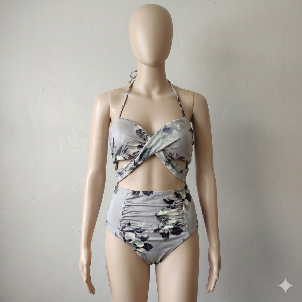 WET Swimwear One-Piece Womens Medium Gray Floral Crossover Ruched Cutout Resort
